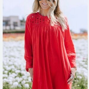 Madewell Daybreak linen-blend dress with pockets and eyelet detail, red-orange